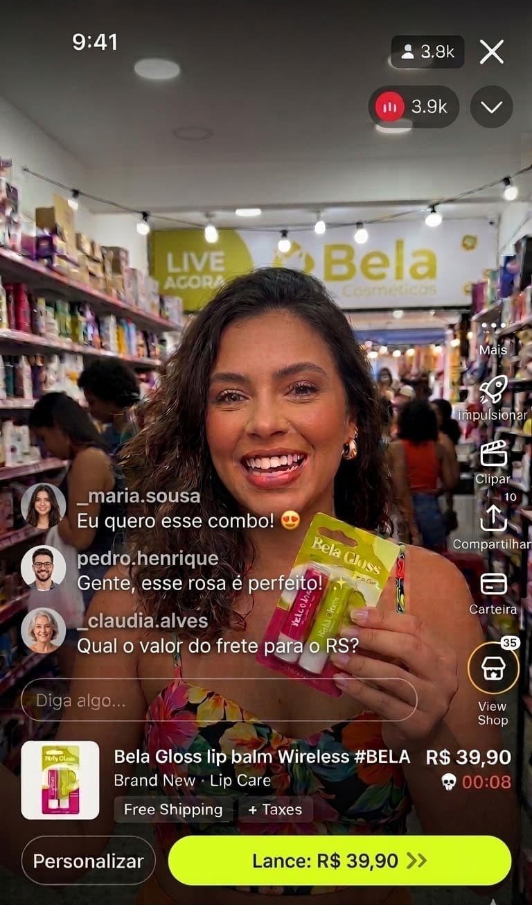 Live shopping na Weepix em um smartphone